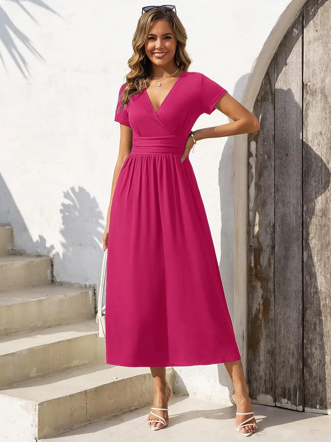 Gracyoga Women's Summer Dresses 2025 Short Sleeve Maxi Dress Casual V Neck Flowy Sundress with Pockets
