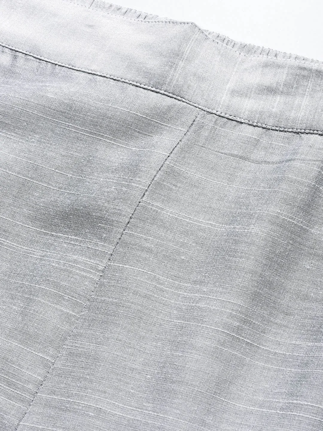 Grey Straight Fit Solid Silk Cropped Regular Trousers