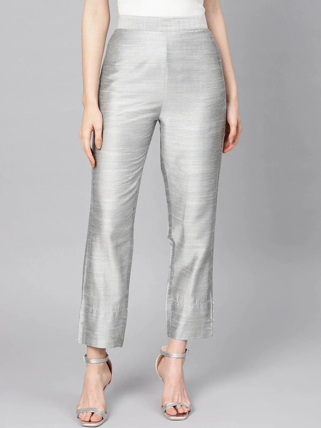 Grey Straight Fit Solid Silk Cropped Regular Trousers