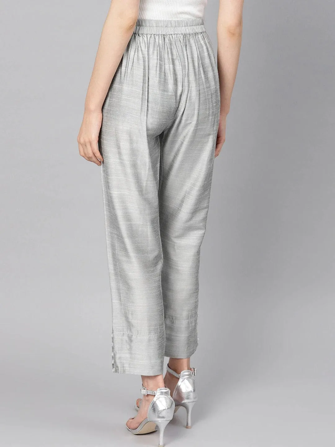 Grey Straight Fit Solid Silk Cropped Regular Trousers