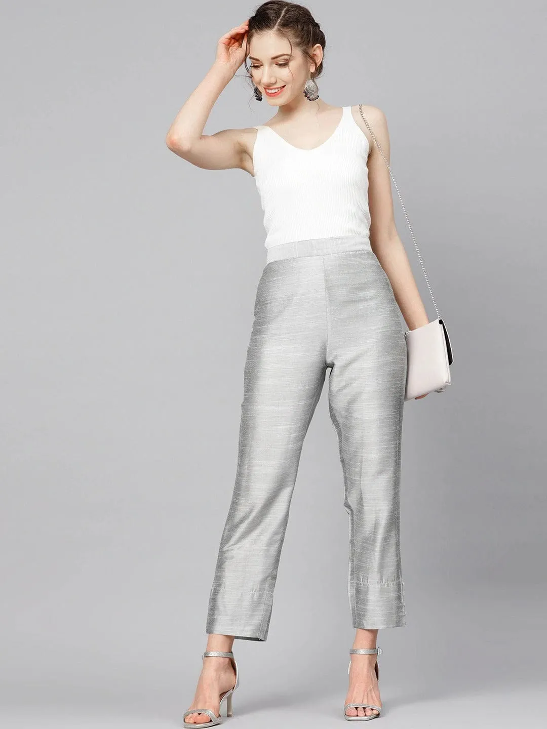 Grey Straight Fit Solid Silk Cropped Regular Trousers