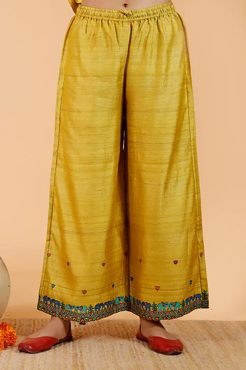 Gubbaro Handpainted Madhubani 'Gajanand Mayur' Tussar Silk Pant