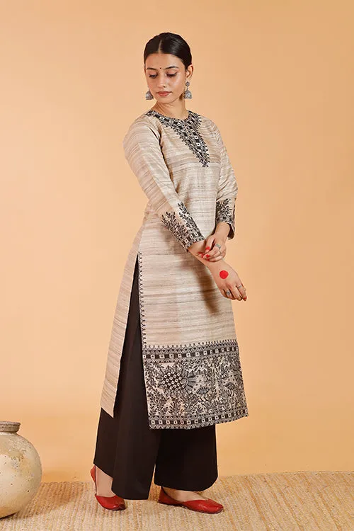 Gubbaro Handpainted Madhubani 'Joda Mayuri' Ghicha Silk Kurta