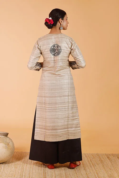 Gubbaro Handpainted Madhubani 'Joda Mayuri' Ghicha Silk Kurta