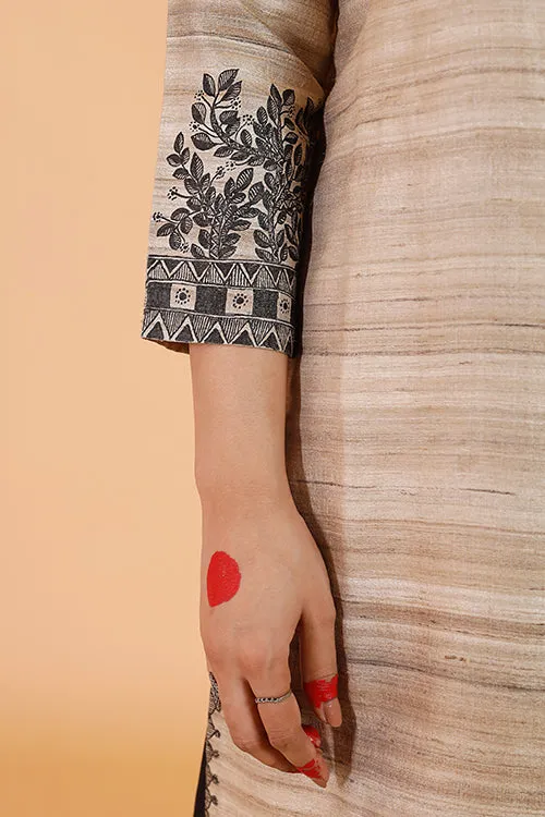 Gubbaro Handpainted Madhubani 'Joda Mayuri' Ghicha Silk Kurta