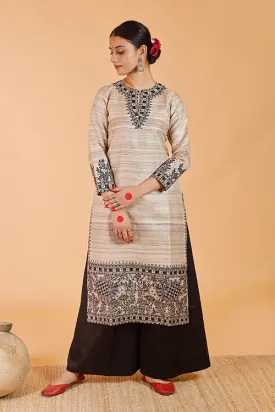 Gubbaro Handpainted Madhubani 'Joda Mayuri' Ghicha Silk Kurta