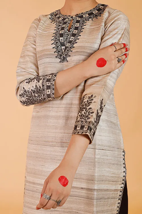 Gubbaro Handpainted Madhubani 'Joda Mayuri' Ghicha Silk Kurta
