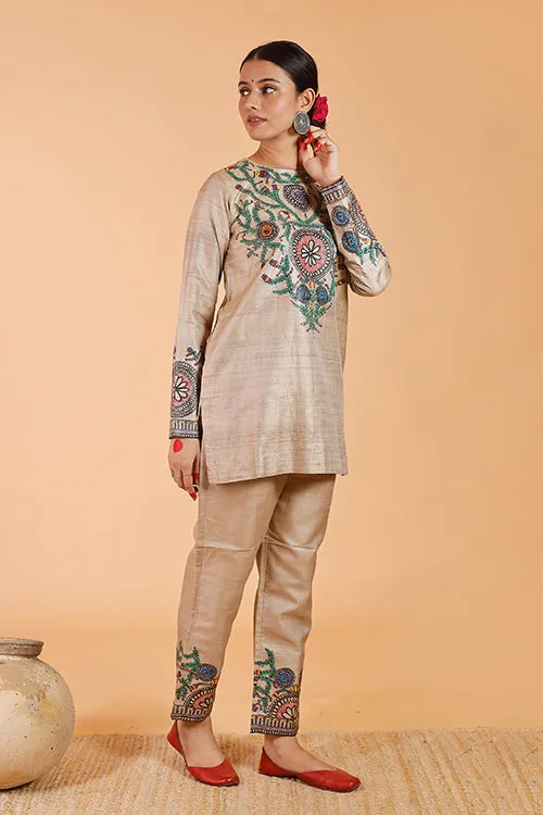 Gubbaro Handpainted Madhubani 'Mithila Flowers' Tussar Silk Pant