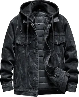 JEKE-DG Men Hoodie Jean Jacket Casual Slim Fit Denim Jacket Casual Long Sleeve Distressed Trucker Outwear with Hood
