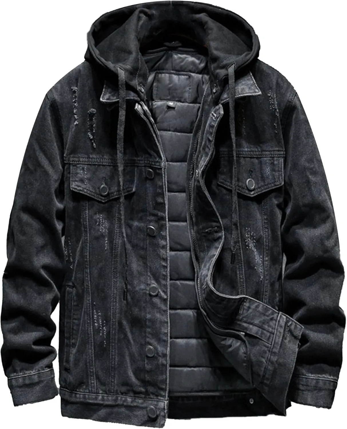 JEKE-DG Men Hoodie Jean Jacket Casual Slim Fit Denim Jacket Casual Long Sleeve Distressed Trucker Outwear with Hood