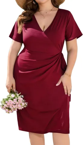 JULYCLO Plus Size Wrap Dress for Curvy Women Sexy Ruched Tie Waist V Neck Cocktail Wedding Guest Party Dress