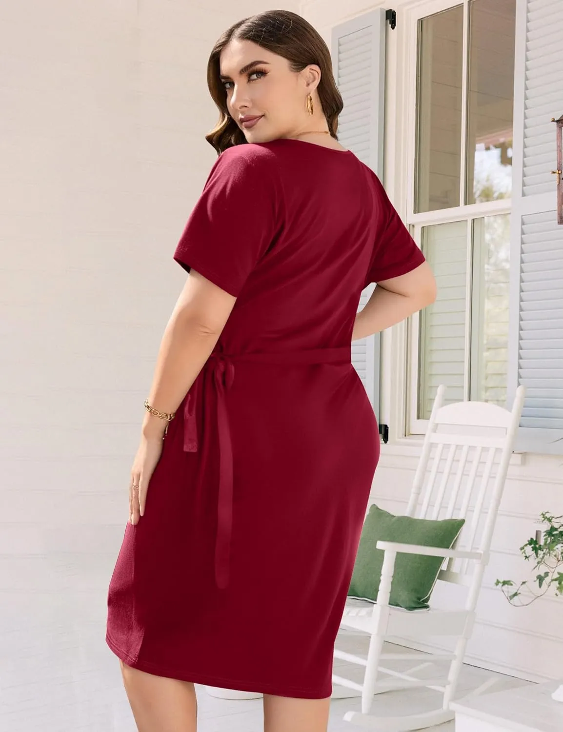 JULYCLO Plus Size Wrap Dress for Curvy Women Sexy Ruched Tie Waist V Neck Cocktail Wedding Guest Party Dress