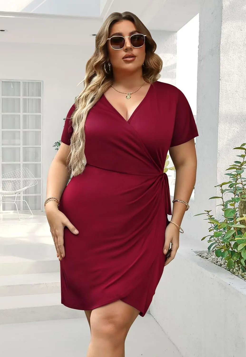 JULYCLO Plus Size Wrap Dress for Curvy Women Sexy Ruched Tie Waist V Neck Cocktail Wedding Guest Party Dress