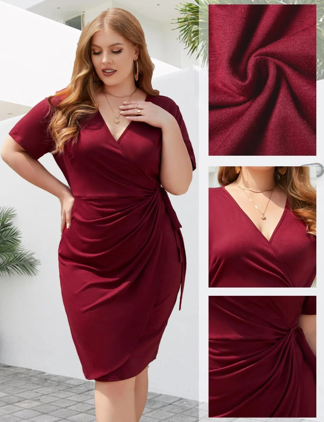 JULYCLO Plus Size Wrap Dress for Curvy Women Sexy Ruched Tie Waist V Neck Cocktail Wedding Guest Party Dress