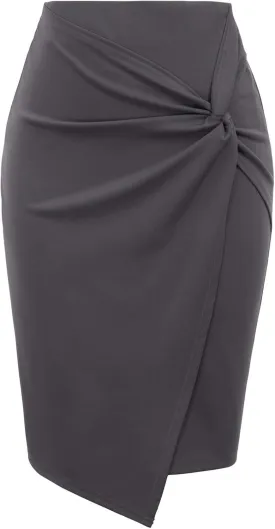 Kate Kasin Wear to Work Pencil Skirts for Women Elastic High Waist Wrap Front Knee Length Bodycon Skirt Tummy Control