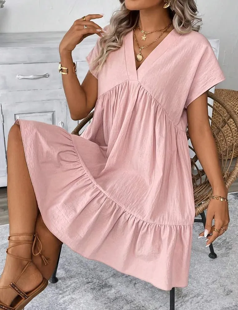 Kinghua Linen Dresses for Women Spring Summer A Line V Neck Short Sleeve Sundress Trendy Ruffle Flowy Beach Mini Dress