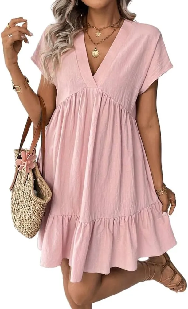 Kinghua Linen Dresses for Women Spring Summer A Line V Neck Short Sleeve Sundress Trendy Ruffle Flowy Beach Mini Dress