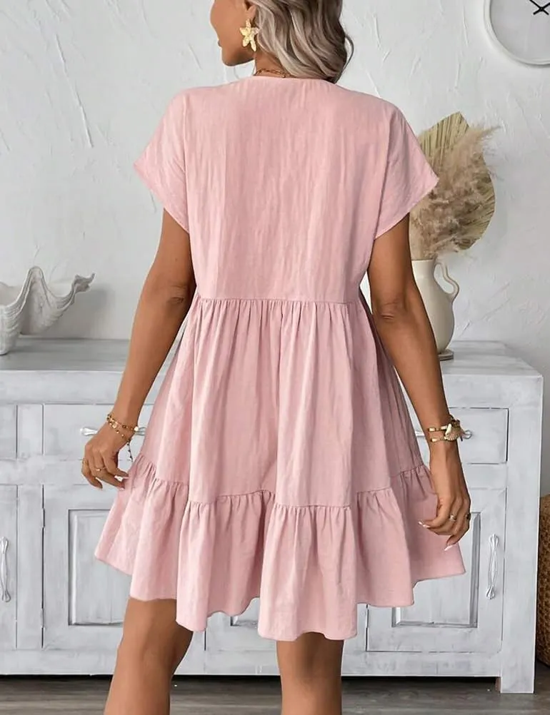 Kinghua Linen Dresses for Women Spring Summer A Line V Neck Short Sleeve Sundress Trendy Ruffle Flowy Beach Mini Dress
