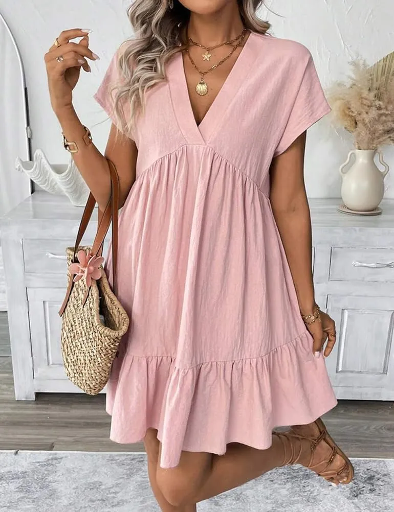 Kinghua Linen Dresses for Women Spring Summer A Line V Neck Short Sleeve Sundress Trendy Ruffle Flowy Beach Mini Dress