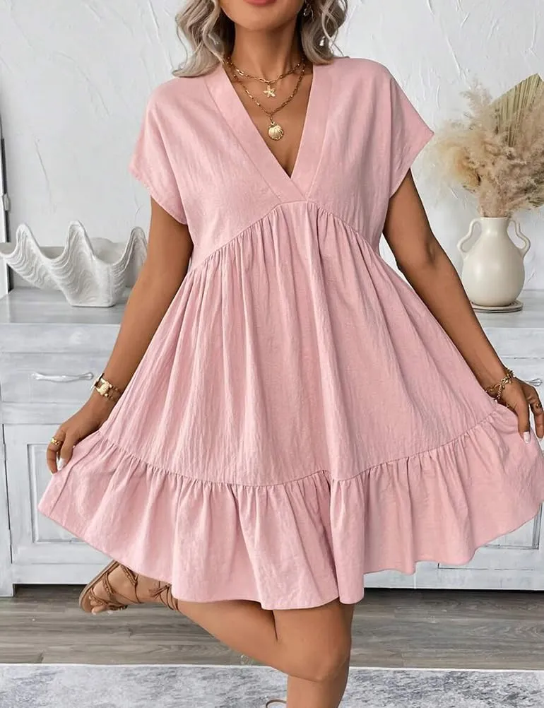 Kinghua Linen Dresses for Women Spring Summer A Line V Neck Short Sleeve Sundress Trendy Ruffle Flowy Beach Mini Dress