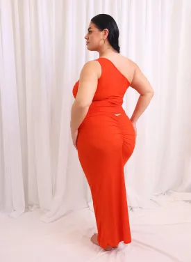 Kiyana Slinky Ruched Maxi Bodycon Skirt - Persimmon