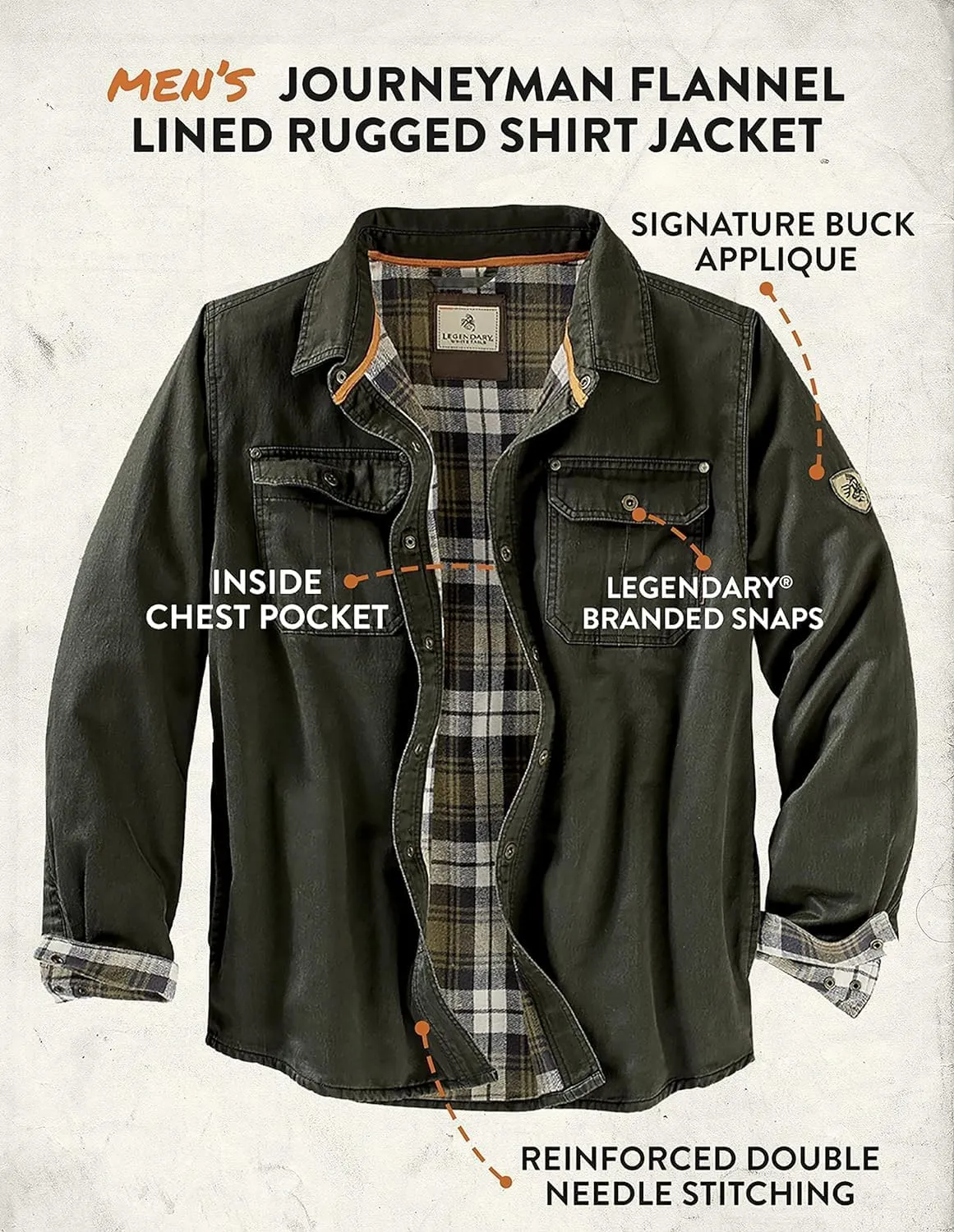Legendary Whitetails Journeyman Shirt Jacket, Flannel Lined Shacket for Men, Water-Resistant Coat Rugged Fall Clothing