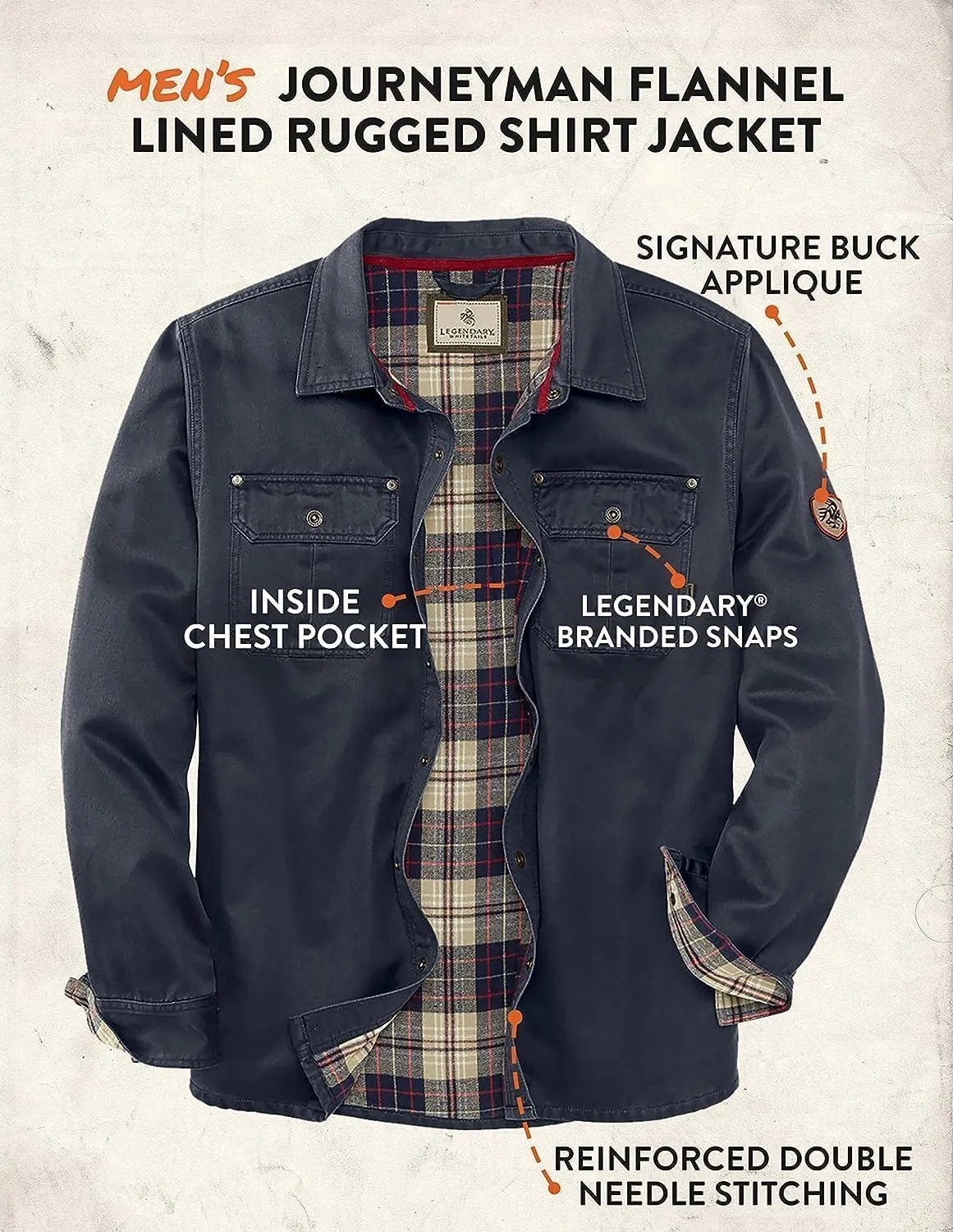 Legendary Whitetails Journeyman Shirt Jacket, Flannel Lined Shacket for Men, Water-Resistant Coat Rugged Fall Clothing