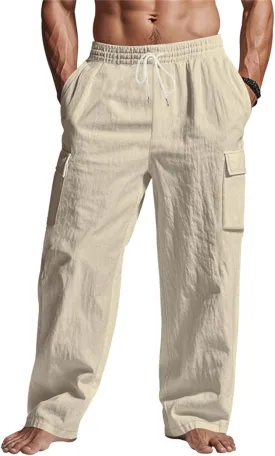 Linen Cargo Pants for Men Casual Elastic Waist Drawstring Beach Trousers Summer Lightweight Yoga Pants with Pockets