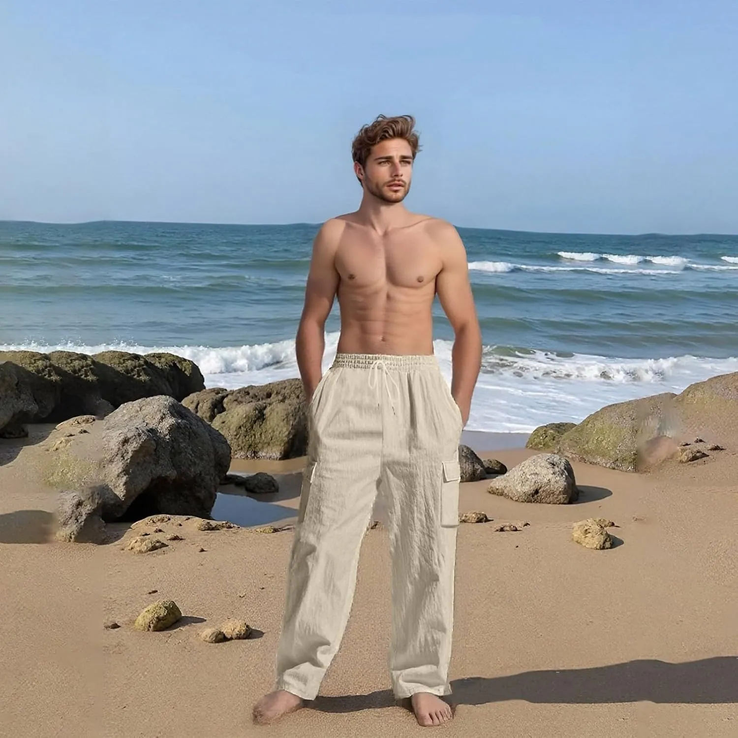 Linen Cargo Pants for Men Casual Elastic Waist Drawstring Beach Trousers Summer Lightweight Yoga Pants with Pockets