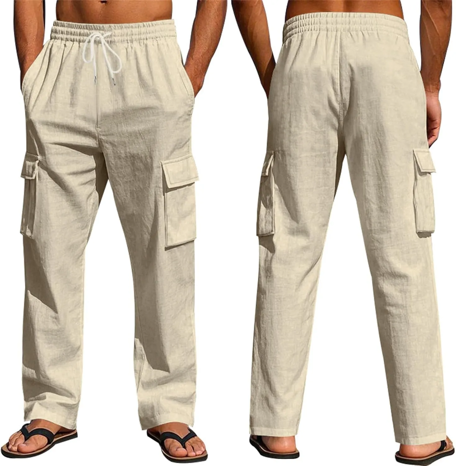 Linen Cargo Pants for Men Casual Elastic Waist Drawstring Beach Trousers Summer Lightweight Yoga Pants with Pockets