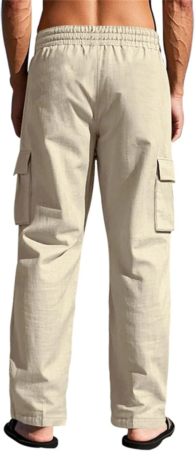 Linen Cargo Pants for Men Casual Elastic Waist Drawstring Beach Trousers Summer Lightweight Yoga Pants with Pockets