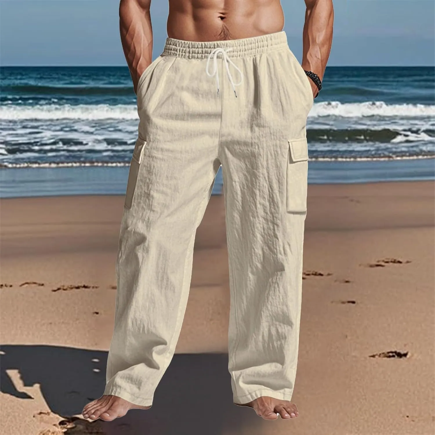 Linen Cargo Pants for Men Casual Elastic Waist Drawstring Beach Trousers Summer Lightweight Yoga Pants with Pockets