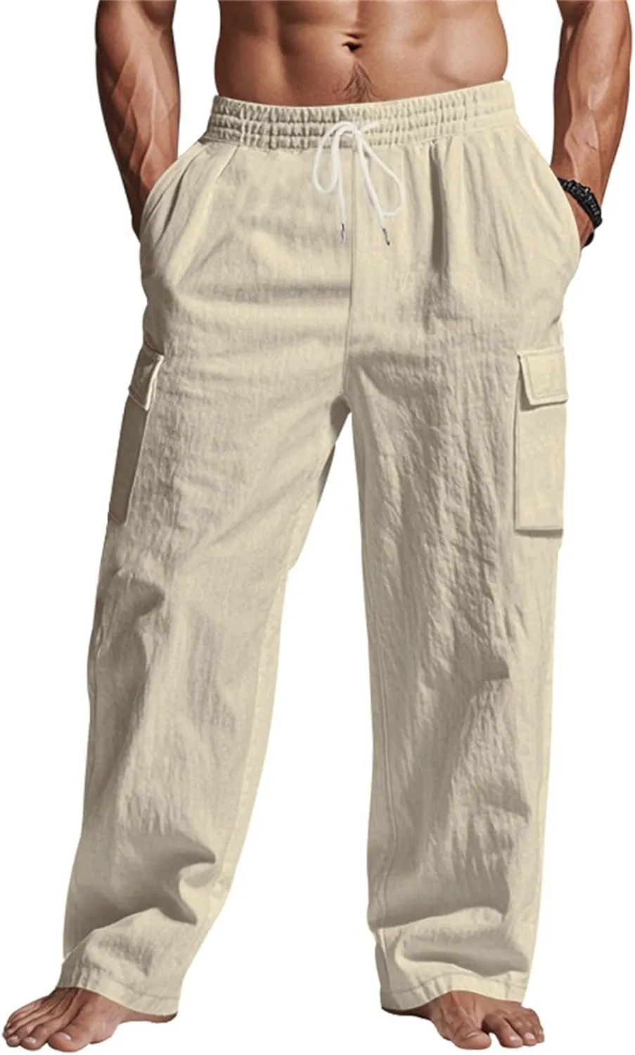 Linen Cargo Pants for Men Casual Elastic Waist Drawstring Beach Trousers Summer Lightweight Yoga Pants with Pockets