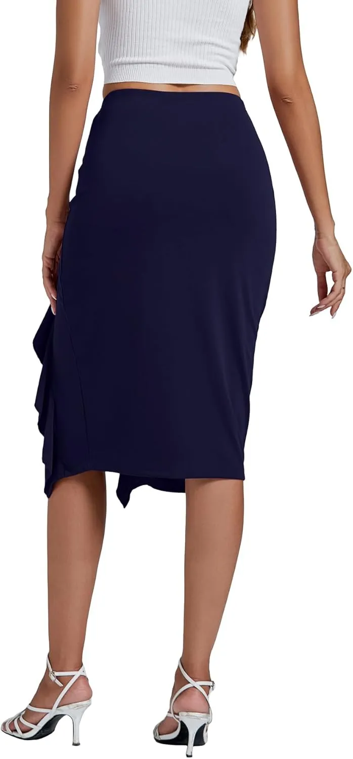 LYANER Women's High Waist Stretchy Ruffle Trim Slit Split Asymmetrical Bodycon Midi Skirt