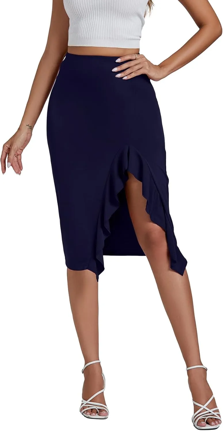 LYANER Women's High Waist Stretchy Ruffle Trim Slit Split Asymmetrical Bodycon Midi Skirt
