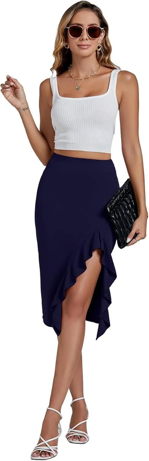 LYANER Women's High Waist Stretchy Ruffle Trim Slit Split Asymmetrical Bodycon Midi Skirt