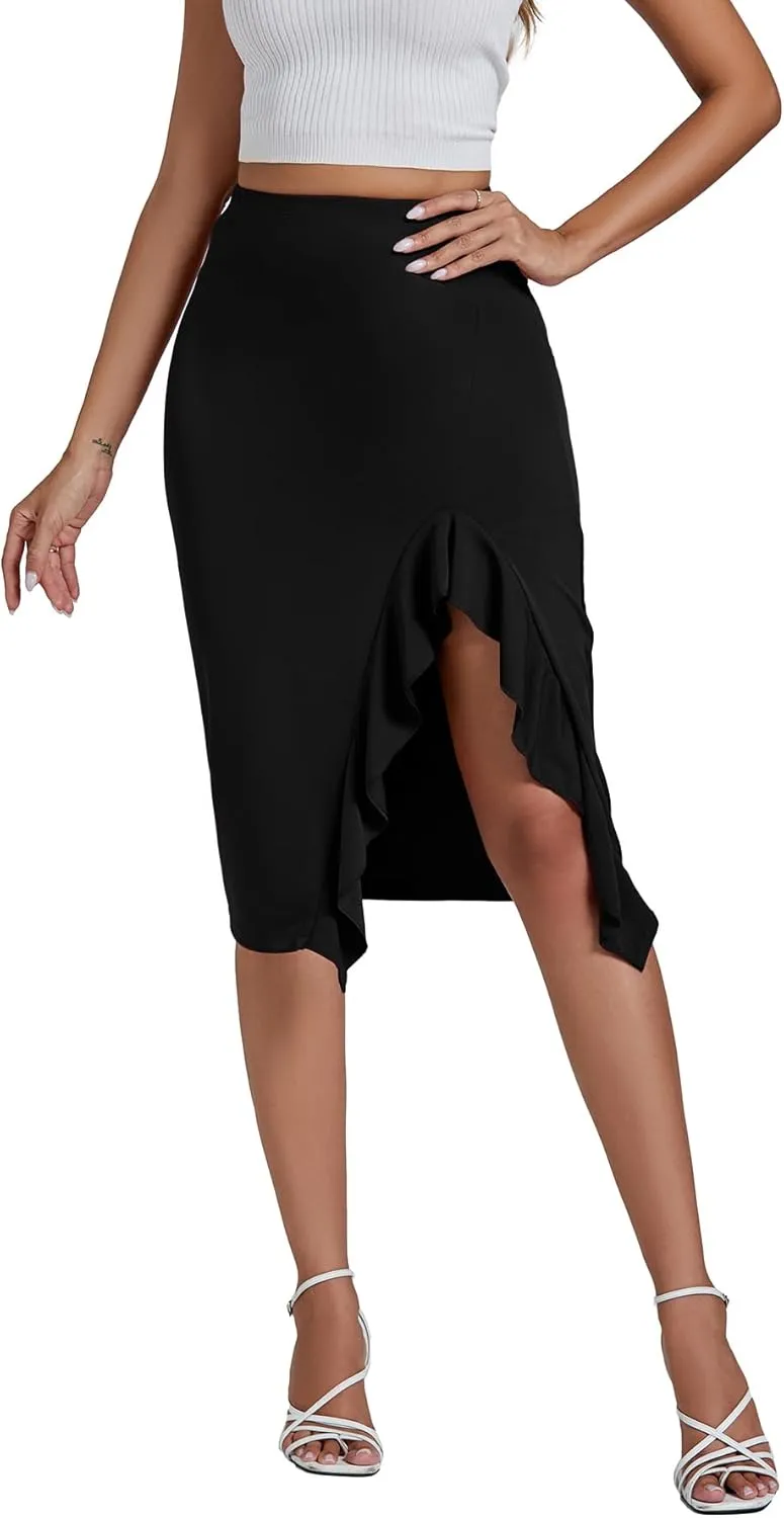LYANER Women's High Waist Stretchy Ruffle Trim Slit Split Asymmetrical Bodycon Midi Skirt
