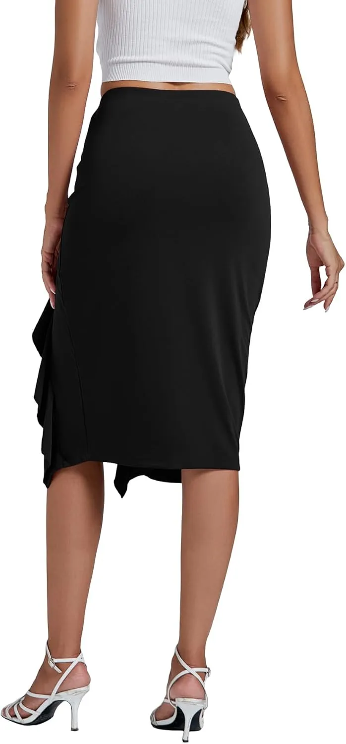LYANER Women's High Waist Stretchy Ruffle Trim Slit Split Asymmetrical Bodycon Midi Skirt