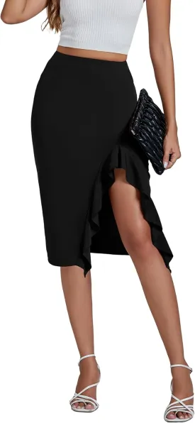 LYANER Women's High Waist Stretchy Ruffle Trim Slit Split Asymmetrical Bodycon Midi Skirt