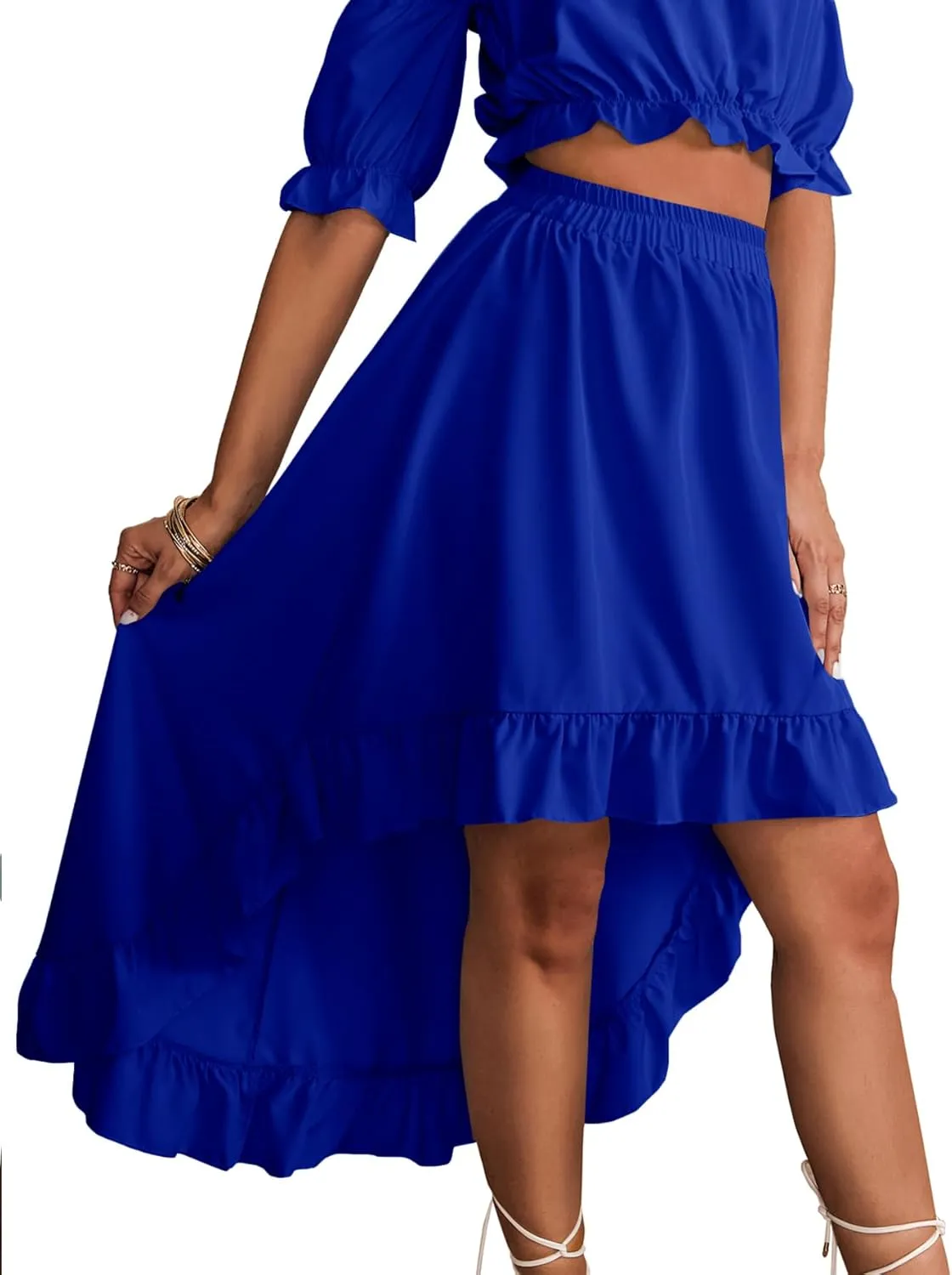 LYANER Women's Two Pieces Outfits Off Shoulder Crop Top and High Low Skirt Set