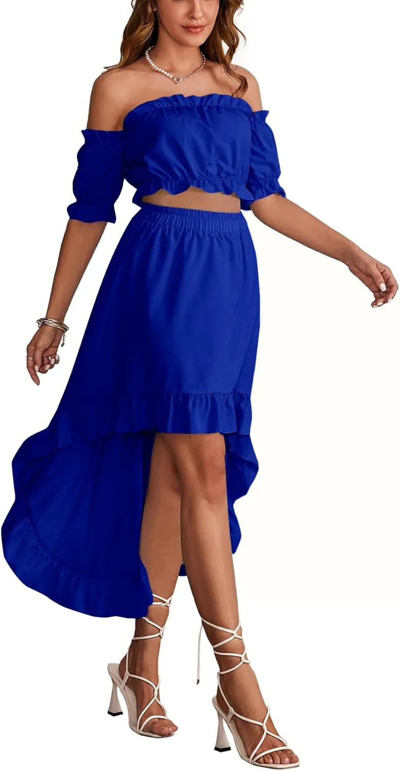 LYANER Women's Two Pieces Outfits Off Shoulder Crop Top and High Low Skirt Set