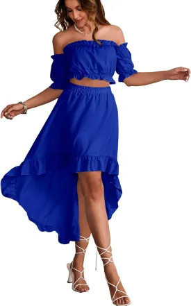LYANER Women's Two Pieces Outfits Off Shoulder Crop Top and High Low Skirt Set