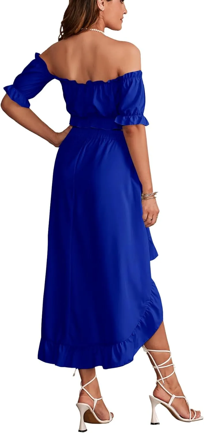 LYANER Women's Two Pieces Outfits Off Shoulder Crop Top and High Low Skirt Set
