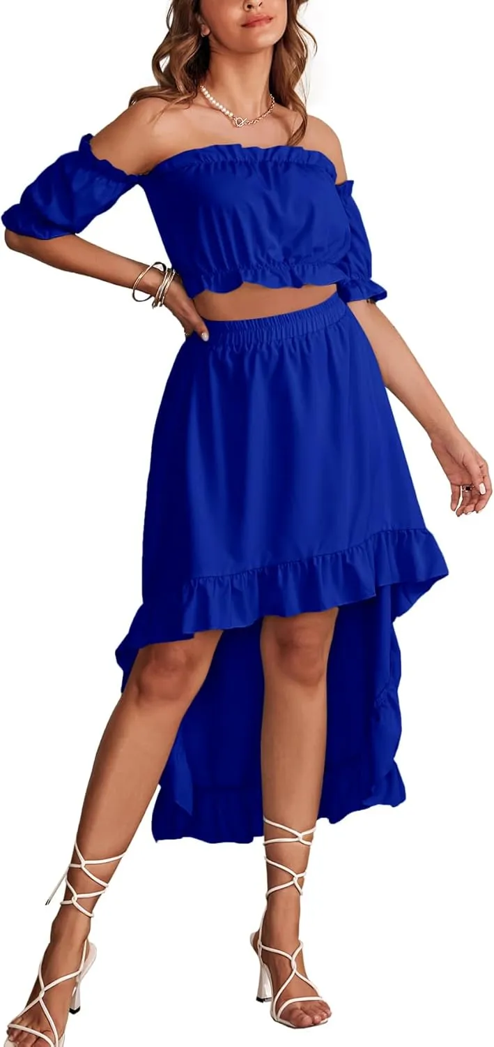 LYANER Women's Two Pieces Outfits Off Shoulder Crop Top and High Low Skirt Set