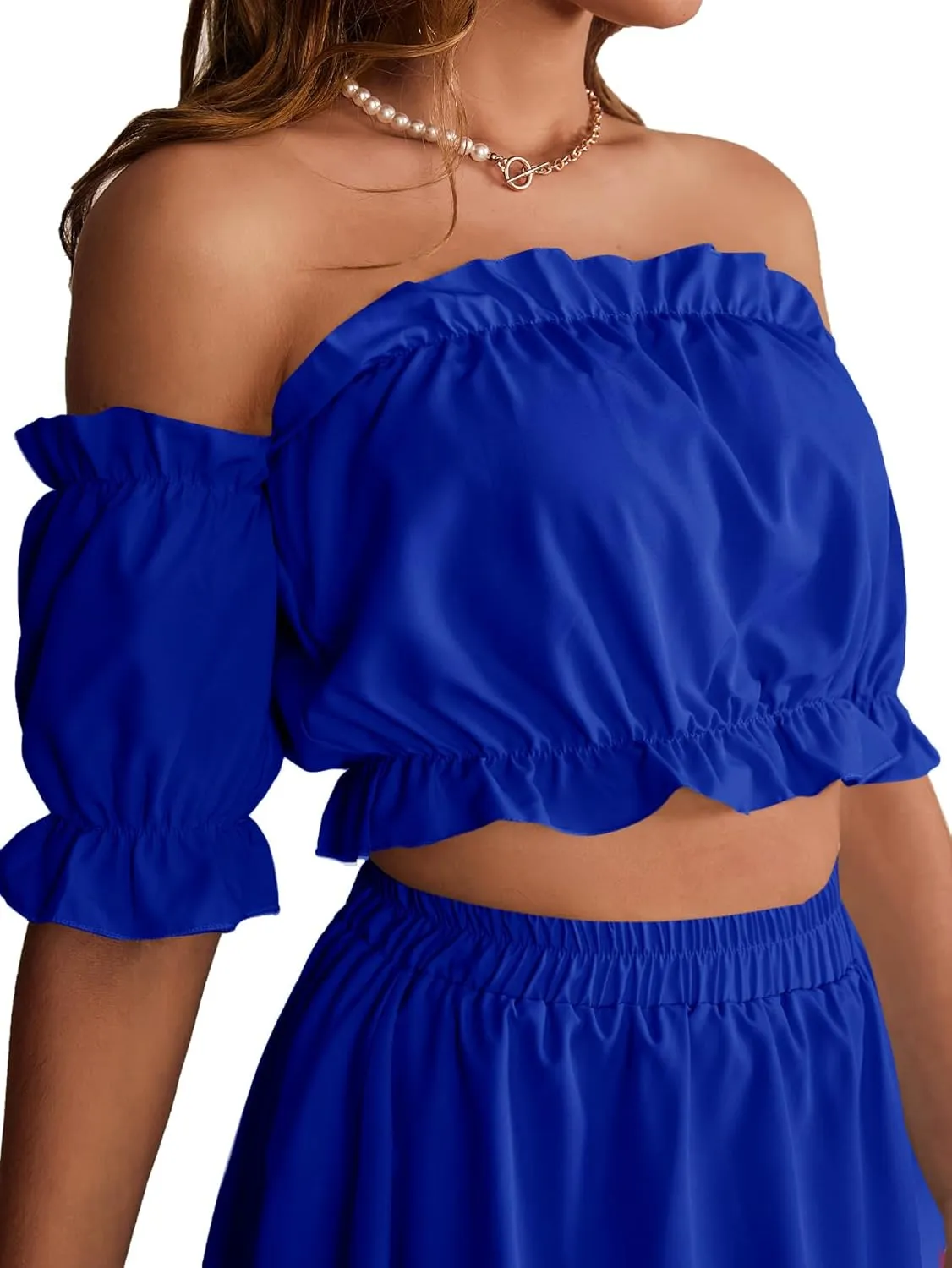 LYANER Women's Two Pieces Outfits Off Shoulder Crop Top and High Low Skirt Set