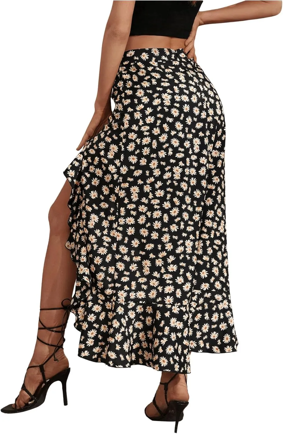 MakeMeChic Women's Boho Floral High Waisted Ruffle Skirt Split Thigh Swing Summer Maxi Long Skirt