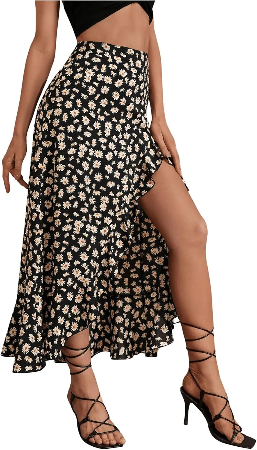 MakeMeChic Women's Boho Floral High Waisted Ruffle Skirt Split Thigh Swing Summer Maxi Long Skirt