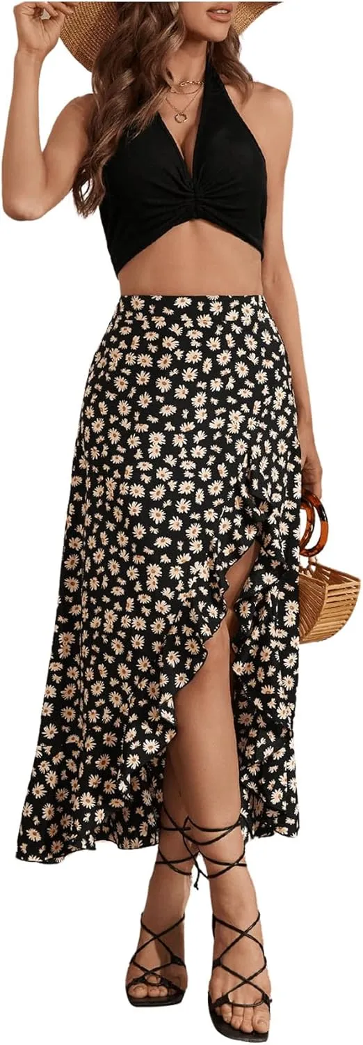 MakeMeChic Women's Boho Floral High Waisted Ruffle Skirt Split Thigh Swing Summer Maxi Long Skirt