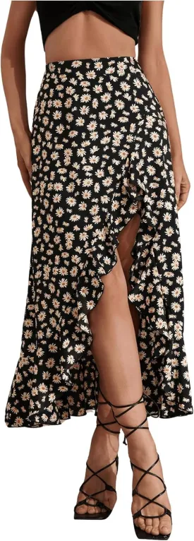 MakeMeChic Women's Boho Floral High Waisted Ruffle Skirt Split Thigh Swing Summer Maxi Long Skirt
