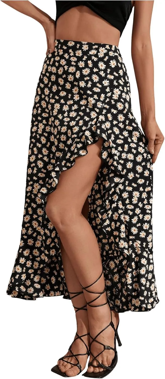 MakeMeChic Women's Boho Floral High Waisted Ruffle Skirt Split Thigh Swing Summer Maxi Long Skirt